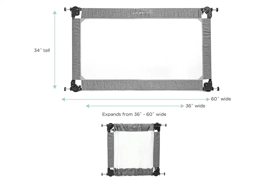 Dimensions of the Baby Delight Span Expandable Folding Gate, highlighting its adjustability and portability. The gate stands 34 inches tall and expands from 36 to 60 inches wide, making it ideal for various spaces. This childproof gate is perfect for travel, offering a flexible and secure barrier for babyproofing different environments. Its lightweight design and compact fold make it an essential safety gate for families on the go, ensuring your little explorer stays safe wherever you are.