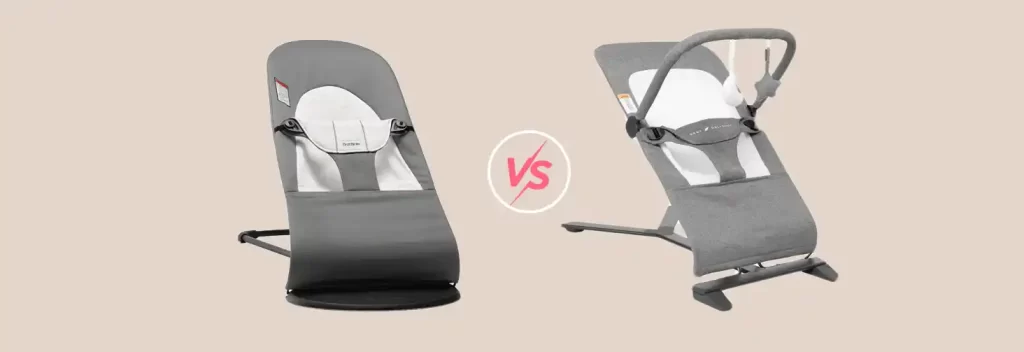 Side-by-side comparison of the BabyBjorn Bouncer Balance Soft and the Baby Delight Alpine Deluxe Portable Bouncer, highlighting their design differences and unique features.