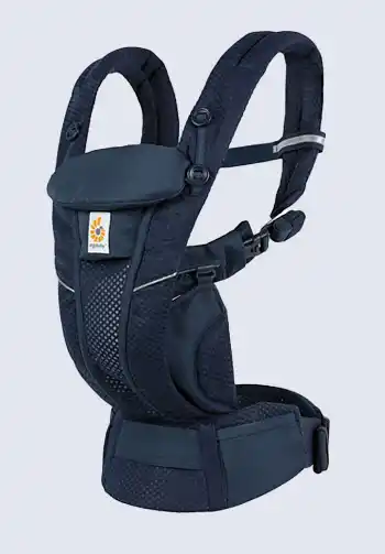 Soft Ergobaby Omni Breeze Baby Carrier in midnight blue color highlighting comfort and support features.