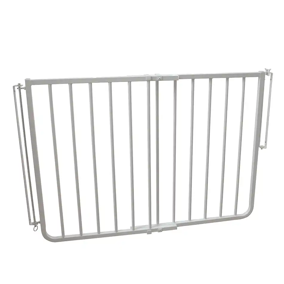 The Cardinal Gates Stairway Special Safety Gate, shown in a neutral setting. This childproof gate is designed for secure mounting at the top or bottom of stairs, providing a robust barrier to prevent access to potentially dangerous areas. Its clean, durable construction makes it an ideal choice for babyproofing your home and ensuring staircase safety. Perfect for keeping your little explorer safe and secure in high-risk areas.