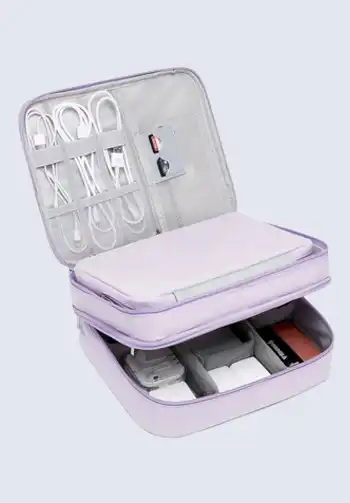 A large capacity charger cable organizer featuring multiple compartments and a zipper closure, designed to keep your phone, tablet, and camera chargers neatly arranged and tangle-free.