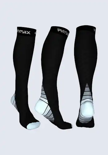 A pair of compression socks designed for airplane travel, helping to improve circulation and reduce swelling during long flights.