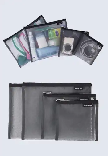 A set of mesh pouches perfect for organizing and separating your travel documents, ensuring everything is in its place.