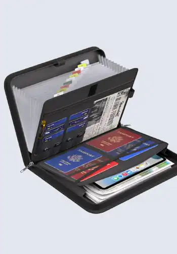 A fireproof accordion file organizer designed to neatly store and protect your travel documents, with multiple compartments for easy access.