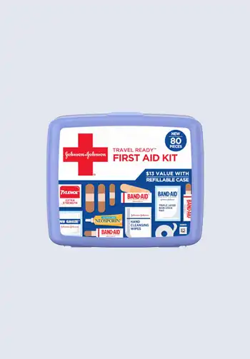 A compact first aid kit, ideal for travel, containing essential medical supplies for minor injuries and emergencies.