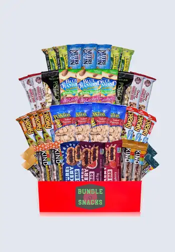 A variety pack of healthy snacks designed for flights, featuring a selection of nutritious options like nuts, dried fruit, and protein bars.