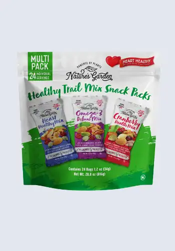 A mixed pack of healthy snacks for on-the-go, perfect for bringing on a plane, including a combination of nutritious nuts, dried fruits, and snack bars.