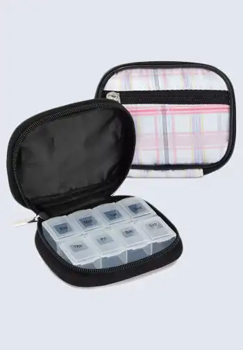  A compact travel pill box, perfect for organizing and carrying your medications while traveling.