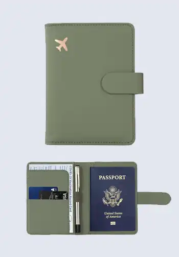 A budget-friendly green passport holder made of leather, offering a stylish and affordable option for travelers.