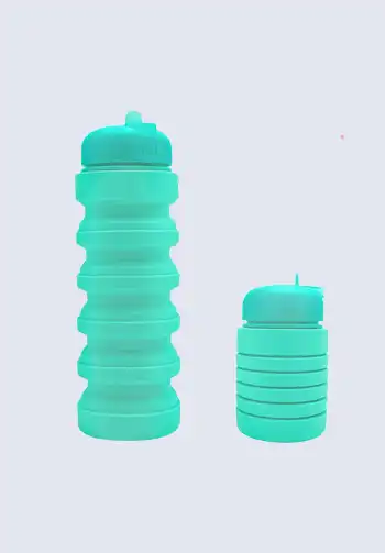 A collapsible reusable water bottle, perfect for easy packing and convenience during airplane travel.