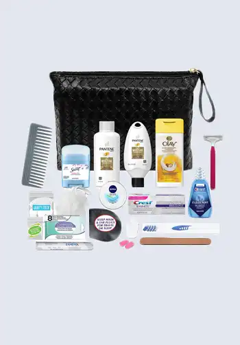 A pre-packed travel convenience kit containing travel-sized toiletry items, perfect for bringing on a plane and staying fresh during your journey.