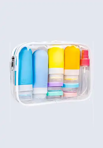 A set of empty travel-size containers, perfect for creating your own toiletry kit and complying with airline regulations.