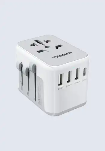 A universal travel plug adapter featuring multiple outlets, perfect for use in various countries to keep your devices charged and ready.