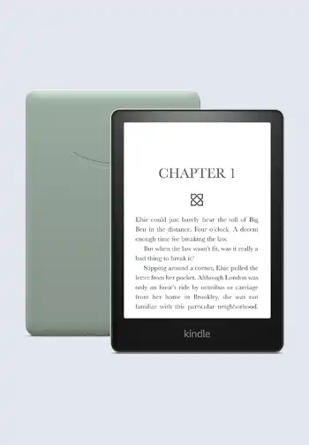 A Kindle tablet with an e-book open on the screen, providing a convenient and portable way to read books while on the go.