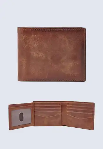 A classic brown bifold wallet from Fossil, providing a timeless and practical accessory for carrying cards and cash.