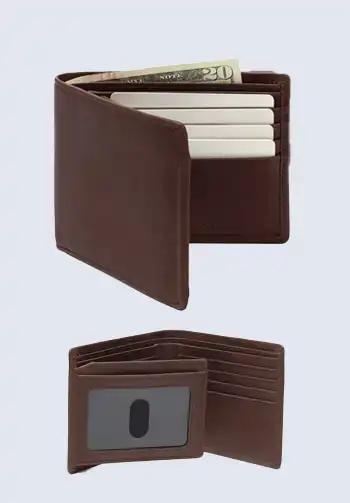 A stylish brown bifold wallet from Leatherology, featuring high-quality craftsmanship and a sleek design.