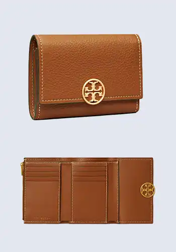 A sophisticated light umber flap wallet from Tory Burch, combining elegance and functionality for everyday use.