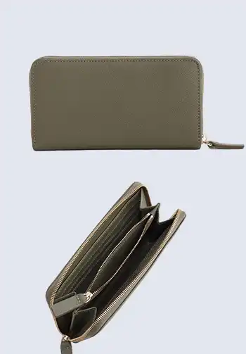 An olive green Italian pebbled leather continental wallet from Quince, offering a sleek and durable option for storing essentials.