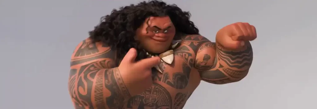 Maui proudly flexing his muscle, demonstrating his strength and larger-than-life personality from the movie Moana.