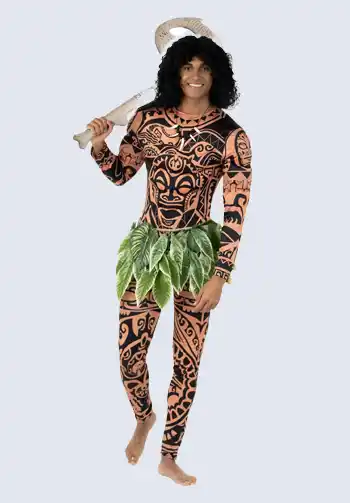 A complete adult-sized Maui Halloween costume, featuring Maui's intricate tattoos and ti leaf skirt.