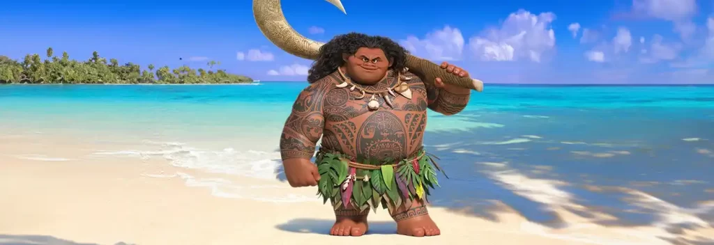 A full-body image of Maui showcasing his intricate tattoos, traditional ti leaf skirt, and magical fish hook, capturing his iconic look from the movie Moana.