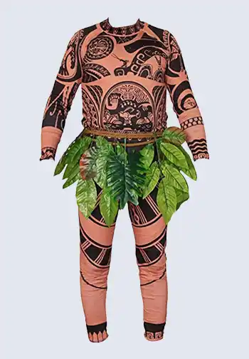 An elaborate full-body Maui costume for adults, including realistic tattoos and a ti leaf skirt, perfect for Halloween festivities.