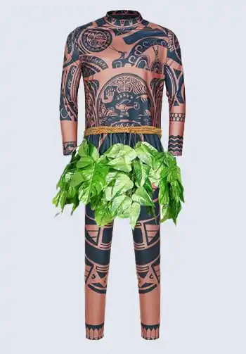  A realistic full-body Maui costume for adults, featuring detailed tattoos and a ti leaf skirt, ideal for Halloween.