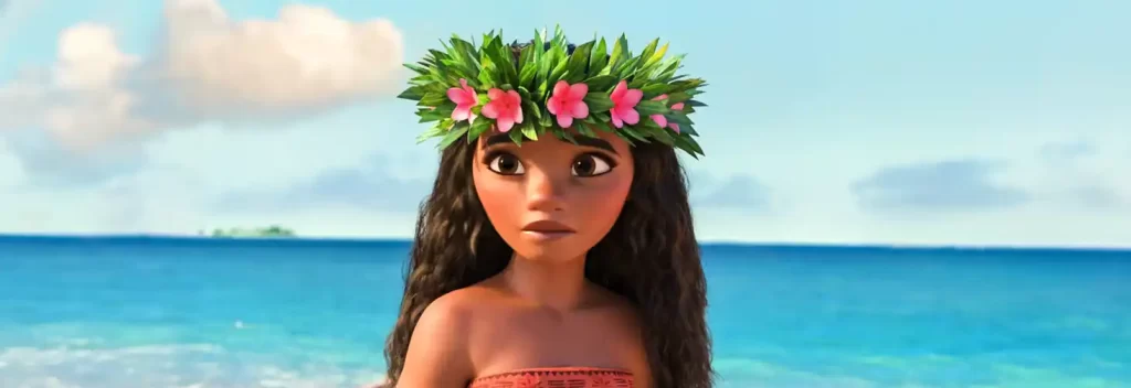 A close-up of Moana wearing her beautiful flower crown, showcasing the vibrant and colorful flowers that symbolize her connection to nature.