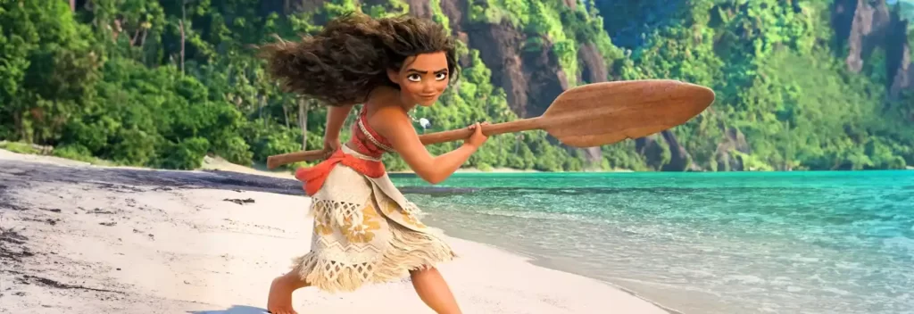 Moana holding her magical oar, standing confidently on the beach, ready for an adventure.