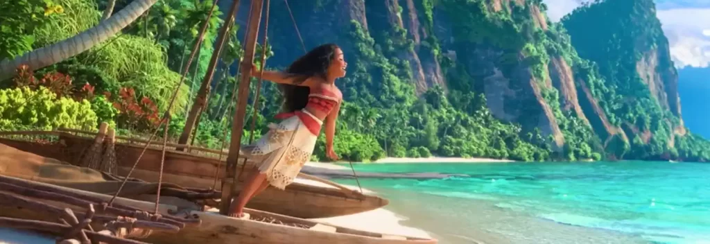 : Moana standing confidently on her boat, showcasing her full outfit including the red crop top and tan skirt