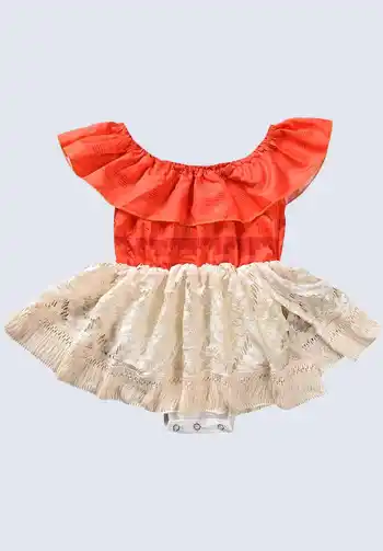 A sweet Moana dress costume for infants, ideal for Halloween, showcasing the red top and tan skirt design.