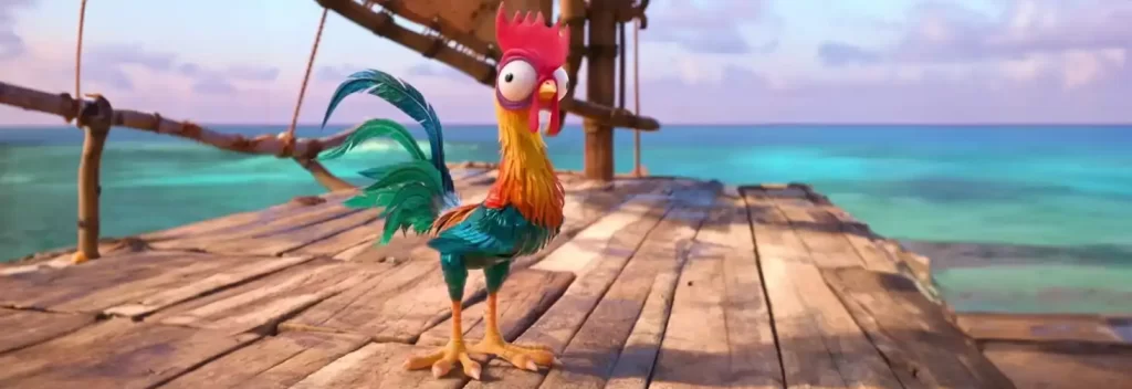 Hei Hei the rooster standing on a boat, showcasing his quirky and endearing character from the movie Moana.