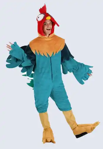 A quirky Hei Hei costume for adults, complete with colorful feathers and a detailed headpiece, perfect for a unique Moana-themed Halloween look.