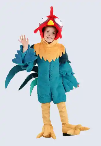 A vibrant Hei Hei costume for kids, including a feathered headpiece and a playful outfit, ideal for a fun-filled Moana-themed Halloween.