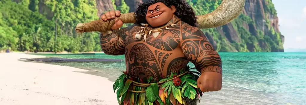 Maui proudly wearing his traditional ti leaf skirt, showcasing his iconic look from the movie Moana.