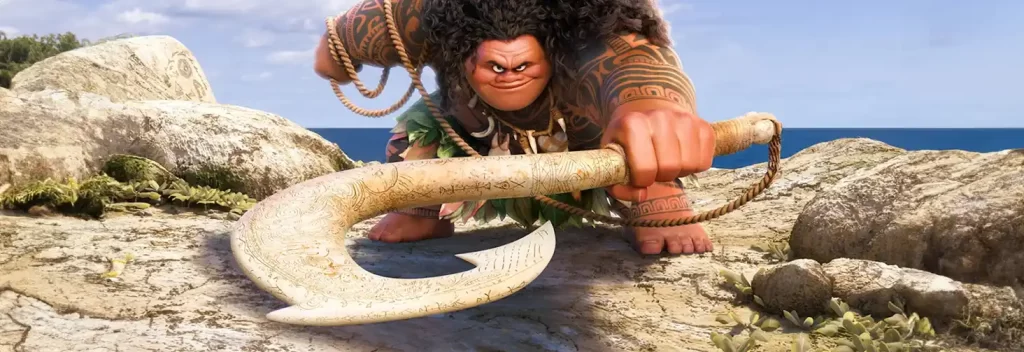 Maui confidently holding his magical fish hook, showcasing his strength and mythical powers from the movie Moana.