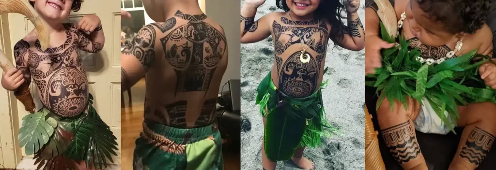 Detailed temporary tribal tattoos designed for an adult or kid Maui Halloween costume, inspired by Disney's Moana.