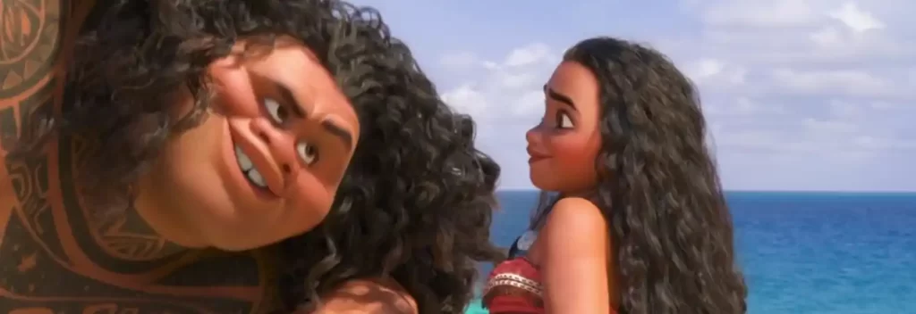 A vibrant image of Maui and Moana showcasing their beautiful, flowing hair, highlighting the iconic looks from the movie Moana.