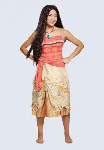 A stunning Moana costume for adult women, featuring a red crop top and tan skirt, perfect for Halloween.