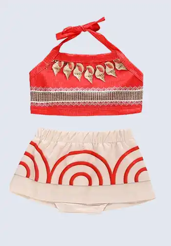 An adorable Moana costume for infants, featuring a red crop top and tan skirt, complete this costume with a flower crown for Halloween.