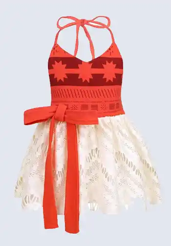 A charming Moana outfit for babies, perfect for Halloween, featuring a comfortable red and tan dress.