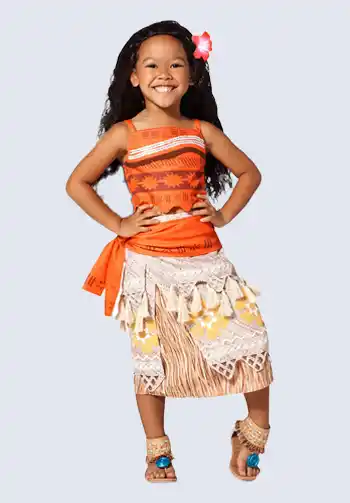 A delightful Moana costume for kids, including a red top, tan skirt, and a flower, ideal for little girls dressing up for Halloween.