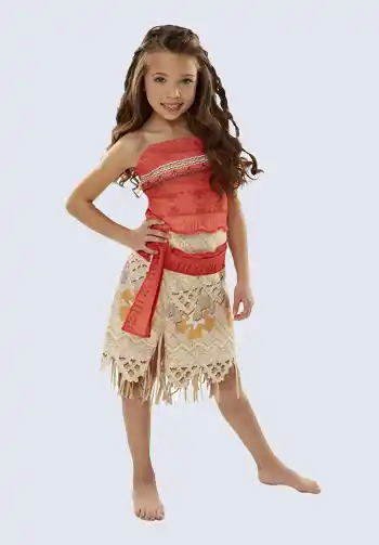 A cute Moana costume for little girls, featuring a red crop top and tan skirt, perfect for Halloween dress-up.