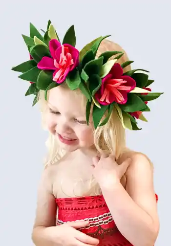 A cute and colorful Moana flower crown sized for kids, adorned with bright flowers to add a magical touch to a child's Moana costume.