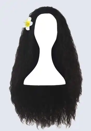 A realistic Moana wig designed for both adults and kids, showcasing long, wavy black hair, an essential accessory for any Moana Halloween costume.