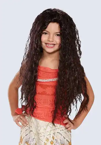 A child-sized Moana wig with flowing black waves, ideal for enhancing a kids' Moana costume for Halloween.