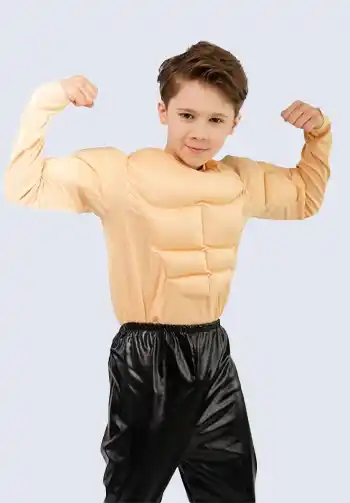 A child-sized muscle shirt perfect for a Maui Halloween costume, showcasing defined muscles to bring the character to life.