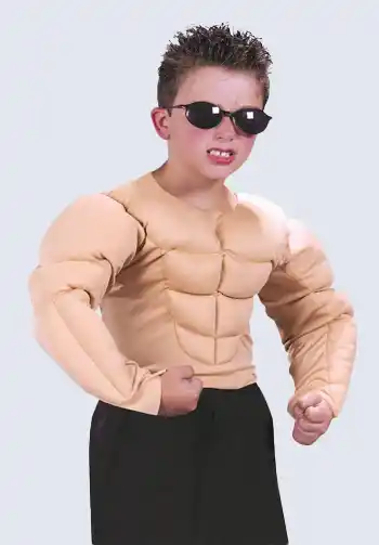 A child-sized muscle shirt, ideal for completing a Maui Halloween costume, with realistic muscle details for added authenticity.