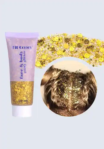 Vibrant gold glitter face and body makeup, ideal for creating a dazzling look for your Halloween costume.