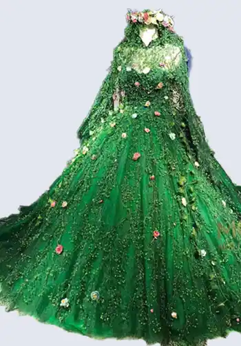 An extremely detailed and high-quality green dress, adorned with lush greenery and floral decorations, perfect for an authentic Te Fiti Halloween costume.